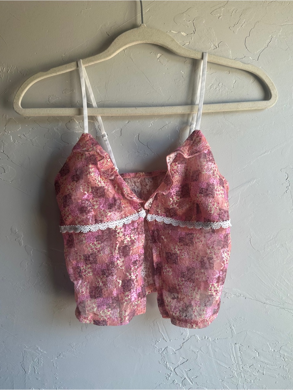 Sheer Floral Lace Cami Fairy Coquette Mesh Y2K Pink Adjustable Strap Top Sz XS/S